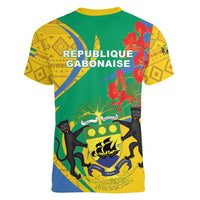 Gabon Independence Day Women V-Neck T-Shirt Gabonaise Flamboyant African Pattern - Wonder Print Shop