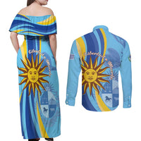 Uruguay Independence Day Couples Matching Off Shoulder Maxi Dress and Long Sleeve Button Shirt Sol de Mayo Erythrina Crista Galli - Wonder Print Shop