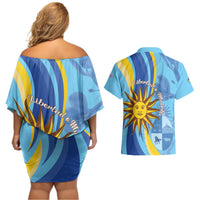 Uruguay Independence Day Couples Matching Off Shoulder Short Dress and Hawaiian Shirt Sol de Mayo Erythrina Crista Galli - Wonder Print Shop