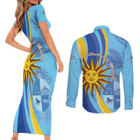 Uruguay Independence Day Couples Matching Short Sleeve Bodycon Dress and Long Sleeve Button Shirt Sol de Mayo Erythrina Crista Galli - Wonder Print Shop