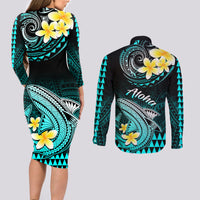 Hawaii Couples Matching Long Sleeve Bodycon Dress and Long Sleeve Button Shirts Polynesian Shark with Kakau Turquoise Version - Wonder Print Shop