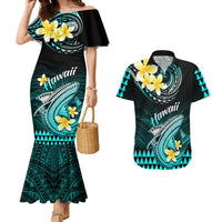 Hawaii Couples Matching Mermaid Dress and Hawaiian Shirt Polynesian Shark with Kakau Turquoise Version - Wonder Print Shop
