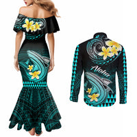 hawaii-couples-matching-mermaid-dress-and-long-sleeve-button-shirts-polynesian-shark-with-kakau-turquoise-version
