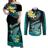 Hawaii Couples Matching Off Shoulder Maxi Dress and Long Sleeve Button Shirts Polynesian Shark with Kakau Turquoise Version - Wonder Print Shop
