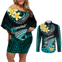 Hawaii Couples Matching Off Shoulder Short Dress and Long Sleeve Button Shirts Polynesian Shark with Kakau Turquoise Version - Wonder Print Shop