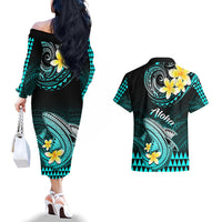 Hawaii Couples Matching Off The Shoulder Long Sleeve Dress and Hawaiian Shirt Polynesian Shark with Kakau Turquoise Version - Wonder Print Shop