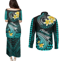 Hawaii Couples Matching Puletasi Dress and Long Sleeve Button Shirts Polynesian Shark with Kakau Turquoise Version - Wonder Print Shop