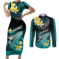 Hawaii Couples Matching Short Sleeve Bodycon Dress and Long Sleeve Button Shirts Polynesian Shark with Kakau Turquoise Version - Wonder Print Shop