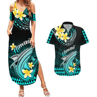 Hawaii Couples Matching Summer Maxi Dress and Hawaiian Shirt Polynesian Shark with Kakau Turquoise Version - Wonder Print Shop