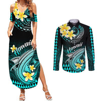 Hawaii Couples Matching Summer Maxi Dress and Long Sleeve Button Shirts Polynesian Shark with Kakau Turquoise Version - Wonder Print Shop