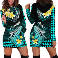 Hawaii Hoodie Dress Polynesian Shark with Kakau Turquoise Version - Wonder Print Shop