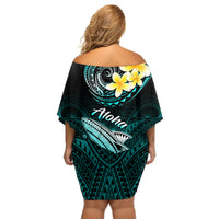 Hawaii Off Shoulder Short Dress Polynesian Shark with Kakau Turquoise Version - Wonder Print Shop