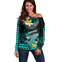 Hawaii Off Shoulder Sweater Polynesian Shark with Kakau Turquoise Version - Wonder Print Shop