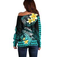 Hawaii Off Shoulder Sweater Polynesian Shark with Kakau Turquoise Version - Wonder Print Shop