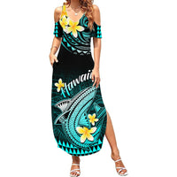 Hawaii Summer Maxi Dress Polynesian Shark with Kakau Turquoise Version - Wonder Print Shop
