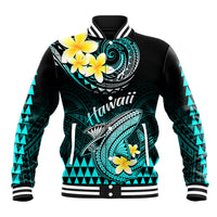 Personalised Hawaii Baseball Jacket Polynesian Shark with Kakau Turquoise Version - Wonder Print Shop