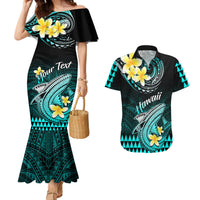 Personalised Hawaii Couples Matching Mermaid Dress and Hawaiian Shirt Polynesian Shark with Kakau Turquoise Version - Wonder Print Shop