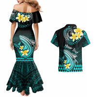 Personalised Hawaii Couples Matching Mermaid Dress and Hawaiian Shirt Polynesian Shark with Kakau Turquoise Version - Wonder Print Shop