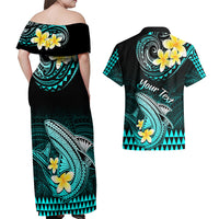 Personalised Hawaii Couples Matching Off Shoulder Maxi Dress and Hawaiian Shirt Polynesian Shark with Kakau Turquoise Version - Wonder Print Shop