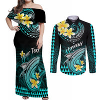 Personalised Hawaii Couples Matching Off Shoulder Maxi Dress and Long Sleeve Button Shirts Polynesian Shark with Kakau Turquoise Version - Wonder Print Shop