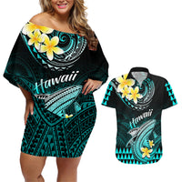 Personalised Hawaii Couples Matching Off Shoulder Short Dress and Hawaiian Shirt Polynesian Shark with Kakau Turquoise Version - Wonder Print Shop