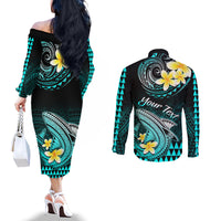 personalised-hawaii-couples-matching-off-the-shoulder-long-sleeve-dress-and-long-sleeve-button-shirts-polynesian-shark-with-kakau-turquoise-version