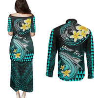 Personalised Hawaii Couples Matching Puletasi Dress and Long Sleeve Button Shirts Polynesian Shark with Kakau Turquoise Version - Wonder Print Shop
