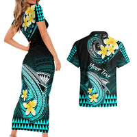 Personalised Hawaii Couples Matching Short Sleeve Bodycon Dress and Hawaiian Shirt Polynesian Shark with Kakau Turquoise Version - Wonder Print Shop