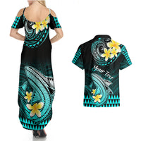Personalised Hawaii Couples Matching Summer Maxi Dress and Hawaiian Shirt Polynesian Shark with Kakau Turquoise Version - Wonder Print Shop