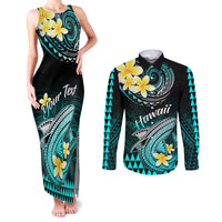 Personalised Hawaii Couples Matching Tank Maxi Dress and Long Sleeve Button Shirts Polynesian Shark with Kakau Turquoise Version - Wonder Print Shop