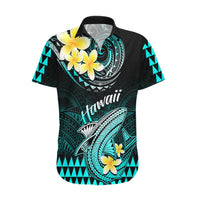 Personalised Hawaii Hawaiian Shirt Polynesian Shark with Kakau Turquoise Version - Wonder Print Shop