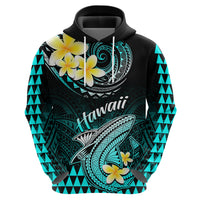 Personalised Hawaii Hoodie Polynesian Shark with Kakau Turquoise Version - Wonder Print Shop