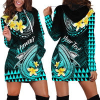 Personalised Hawaii Hoodie Dress Polynesian Shark with Kakau Turquoise Version - Wonder Print Shop