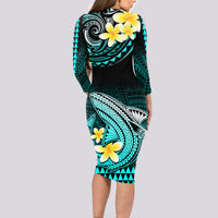 Personalised Hawaii Long Sleeve Bodycon Dress Polynesian Shark with Kakau Turquoise Version - Wonder Print Shop
