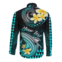 Personalised Hawaii Long Sleeve Button Shirt Polynesian Shark with Kakau Turquoise Version - Wonder Print Shop