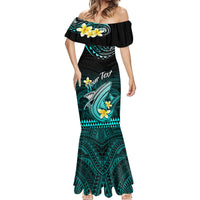 Personalised Hawaii Mermaid Dress Polynesian Shark with Kakau Turquoise Version - Wonder Print Shop