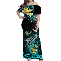 Personalised Hawaii Off Shoulder Maxi Dress Polynesian Shark with Kakau Turquoise Version - Wonder Print Shop