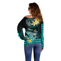 Personalised Hawaii Off Shoulder Sweater Polynesian Shark with Kakau Turquoise Version - Wonder Print Shop