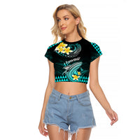 Personalised Hawaii Raglan Cropped T Shirt Polynesian Shark with Kakau Turquoise Version - Wonder Print Shop