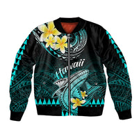 Personalised Hawaii Sleeve Zip Bomber Jacket Polynesian Shark with Kakau Turquoise Version - Wonder Print Shop