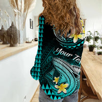 Personalised Hawaii Women Casual Shirt Polynesian Shark with Kakau Turquoise Version - Wonder Print Shop