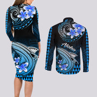 Hawaii Couples Matching Long Sleeve Bodycon Dress and Long Sleeve Button Shirts Polynesian Shark with Kakau Blue Version - Wonder Print Shop