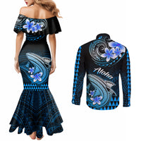 hawaii-couples-matching-mermaid-dress-and-long-sleeve-button-shirts-polynesian-shark-with-kakau-blue-version