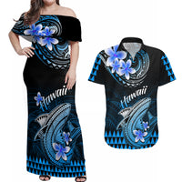 Hawaii Couples Matching Off Shoulder Maxi Dress and Hawaiian Shirt Polynesian Shark with Kakau Blue Version - Wonder Print Shop