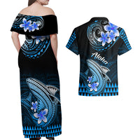 Hawaii Couples Matching Off Shoulder Maxi Dress and Hawaiian Shirt Polynesian Shark with Kakau Blue Version - Wonder Print Shop