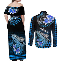 Hawaii Couples Matching Off Shoulder Maxi Dress and Long Sleeve Button Shirts Polynesian Shark with Kakau Blue Version - Wonder Print Shop