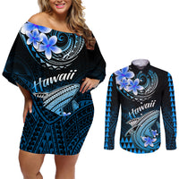 Hawaii Couples Matching Off Shoulder Short Dress and Long Sleeve Button Shirts Polynesian Shark with Kakau Blue Version - Wonder Print Shop