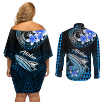 Hawaii Couples Matching Off Shoulder Short Dress and Long Sleeve Button Shirts Polynesian Shark with Kakau Blue Version - Wonder Print Shop