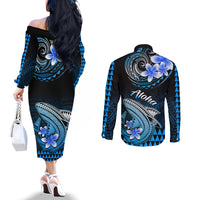 hawaii-couples-matching-off-the-shoulder-long-sleeve-dress-and-long-sleeve-button-shirts-polynesian-shark-with-kakau-blue-version
