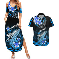 Hawaii Couples Matching Summer Maxi Dress and Hawaiian Shirt Polynesian Shark with Kakau Blue Version - Wonder Print Shop